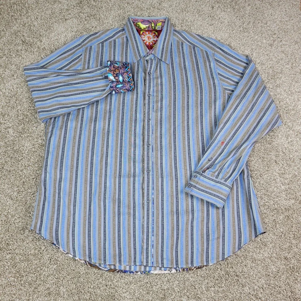 Robert Graham Button Down Shirt Mens 2XL Blue Tan Striped Paisley Flip‎ Cuff L/S